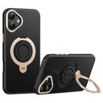 For iPhone 16 Carbon Fiber MagSafe Phone Case with 360 Degree Rotating Holder(Black Gold)