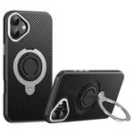 For iPhone 16 Carbon Fiber MagSafe Phone Case with 360 Degree Rotating Holder(Black Silver)