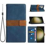 For Samsung Galaxy S25 Ultra 5G Grid Stitching Leather Phone Case with Lanyard(Blue)