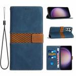 For Samsung Galaxy S23 5G Grid Stitching Leather Phone Case with Lanyard(Blue)