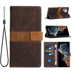 For Samsung Galaxy S22 Ultra 5G Grid Stitching Leather Phone Case with Lanyard(Brown)