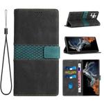 For Samsung Galaxy S22 Ultra 5G Grid Stitching Leather Phone Case with Lanyard(Black)