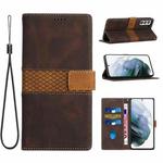 For Samsung Galaxy S22+ 5G Grid Stitching Leather Phone Case with Lanyard(Brown)