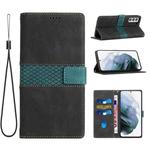 For Samsung Galaxy S22 5G Grid Stitching Leather Phone Case with Lanyard(Black)