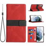 For Samsung Galaxy S21 5G Grid Stitching Leather Phone Case with Lanyard(Red)