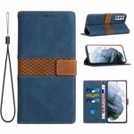 For Samsung Galaxy S21+ 5G Grid Stitching Leather Phone Case with Lanyard(Blue)