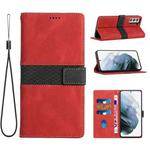 For Samsung Galaxy S21+ 5G Grid Stitching Leather Phone Case with Lanyard(Red)