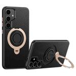 For Samsung Galaxy S24+ 5G Carbon Fiber MagSafe Phone Case with 360 Degree Rotating Holder(Black Gold)