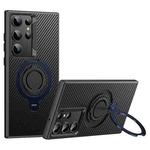 For Samsung Galaxy S23 Ultra 5G Carbon Fiber MagSafe Phone Case with 360 Degree Rotating Holder(Black Blue)