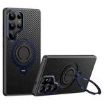 For Samsung Galaxy S25 Ultra 5G Carbon Fiber MagSafe Phone Case with 360 Degree Rotating Holder(Black Blue)