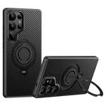 For Samsung Galaxy S25 Ultra 5G Carbon Fiber MagSafe Phone Case with 360 Degree Rotating Holder(Black)