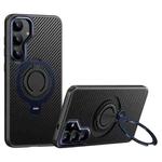 For Samsung Galaxy S25+ 5G Carbon Fiber MagSafe Phone Case with 360 Degree Rotating Holder(Black Blue)