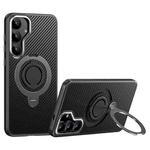 For Samsung Galaxy S25 5G Carbon Fiber MagSafe Phone Case with 360 Degree Rotating Holder(Black Grey)
