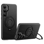 For Samsung Galaxy S25 5G Carbon Fiber MagSafe Phone Case with 360 Degree Rotating Holder(Black)