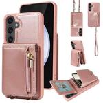 For Samsung Galaxy S25 FE 5G Crossbody Lanyard Zipper Wallet Leather Phone Case(Rose Gold)