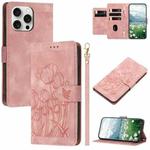 For iPhone 16 Pro Tulips Embossed Leather Phone Case with Lanyard(Pink)