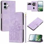 For iPhone 16 Plus Tulips Embossed Leather Phone Case with Lanyard(Purple)