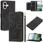 For iPhone 16 Plus Tulips Embossed Leather Phone Case with Lanyard(Black)