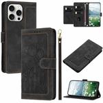 For iPhone 15 Pro Tulips Embossed Leather Phone Case with Lanyard(Black)