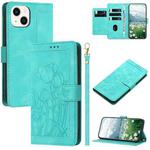 For iPhone 14 Plus Tulips Embossed Leather Phone Case with Lanyard(Green)