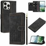 For iPhone 14 Pro Max Tulips Embossed Leather Phone Case with Lanyard(Black)