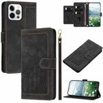 For iPhone 12 / 12 Pro Tulips Embossed Leather Phone Case with Lanyard(Black)