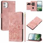 For iPhone 12 mini Tulips Embossed Leather Phone Case with Lanyard(Pink)