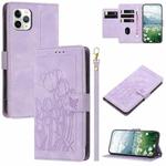 For iPhone 11 Pro Max Tulips Embossed Leather Phone Case with Lanyard(Purple)