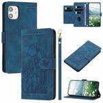 For iPhone 11 Tulips Embossed Leather Phone Case with Lanyard(Blue)
