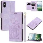 For iPhone XS Max Tulips Embossed Leather Phone Case with Lanyard(Purple)