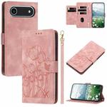For iPhone 17 Air Tulips Embossed Leather Phone Case with Lanyard(Pink)