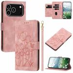 For iPhone 17 Pro Tulips Embossed Leather Phone Case with Lanyard(Pink)
