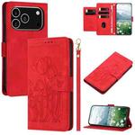 For iPhone 17 Pro Tulips Embossed Leather Phone Case with Lanyard(Red)
