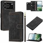 For iPhone 17 Pro Tulips Embossed Leather Phone Case with Lanyard(Black)