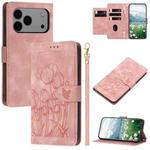 For iPhone 17 Pro Max Tulips Embossed Leather Phone Case with Lanyard(Pink)