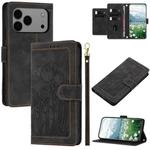 For iPhone 17 Pro Max Tulips Embossed Leather Phone Case with Lanyard(Black)