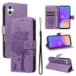 For Samsung Galaxy A07 5G Tree & Cat Embossed Pattern Flip Leather Phone Case(Light Purple)