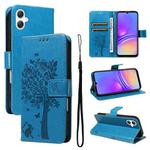 For Samsung Galaxy A07 5G Tree & Cat Embossed Pattern Flip Leather Phone Case(Blue)