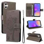 For Samsung Galaxy A07 5G Tree & Cat Embossed Pattern Flip Leather Phone Case(Grey)