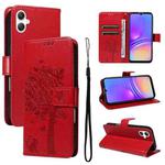 For Samsung Galaxy A07 5G Tree & Cat Embossed Pattern Flip Leather Phone Case(Red)