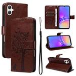 For Samsung Galaxy A07 5G Tree & Cat Embossed Pattern Flip Leather Phone Case(Coffee)