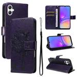 For Samsung Galaxy A07 5G Tree & Cat Embossed Pattern Flip Leather Phone Case(Purple)