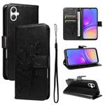 For Samsung Galaxy A07 5G Tree & Cat Embossed Pattern Flip Leather Phone Case(Black)