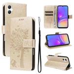 For Samsung Galaxy A07 5G Tree & Cat Embossed Pattern Flip Leather Phone Case(Gold)