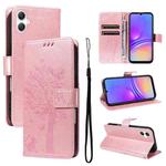 For Samsung Galaxy A07 5G Tree & Cat Embossed Pattern Flip Leather Phone Case(Rose Gold)