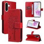 For Samsung Galaxy A36 5G / M56 5G Tree & Cat Embossed Pattern Flip Leather Phone Case(Red)