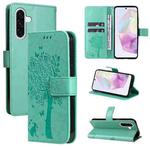For Samsung Galaxy A56 5G Tree & Cat Embossed Pattern Flip Leather Phone Case(Green)