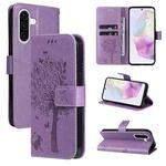 For Samsung Galaxy A56 5G Tree & Cat Embossed Pattern Flip Leather Phone Case(Light Purple)