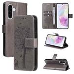 For Samsung Galaxy A56 5G Tree & Cat Embossed Pattern Flip Leather Phone Case(Grey)