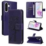 For Samsung Galaxy A56 5G Tree & Cat Embossed Pattern Flip Leather Phone Case(Purple)